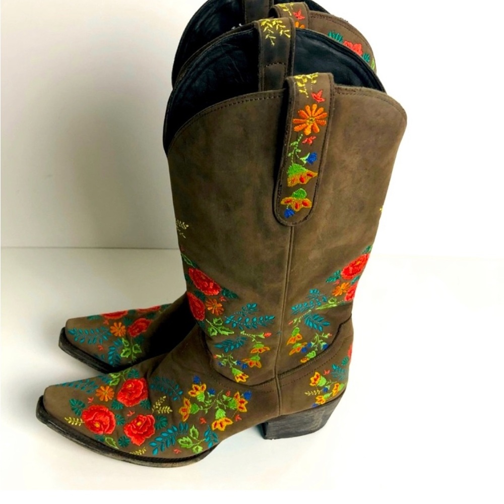 Lane Boots Cowgirl Embroidered Floral Brown Red Green Colorful Shoes 9.5